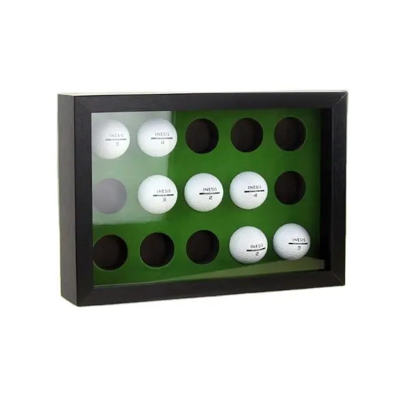 Manufacture Golf Balls Display Case for 15 Balls Wooden Case with Acrylic Dust UV Cover Wall Mount and Freestanding Shadow Box