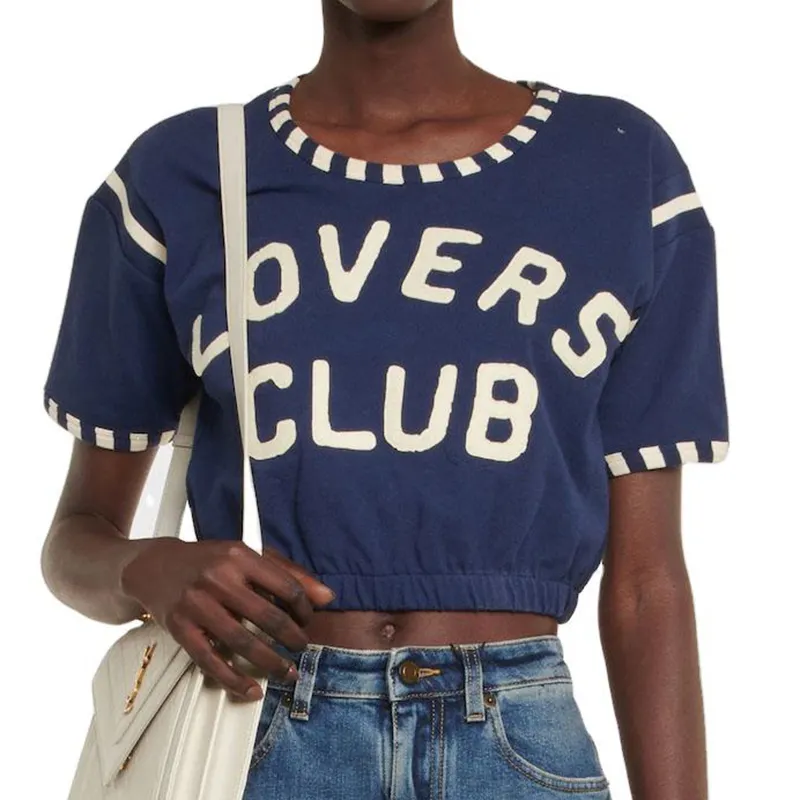 Mode Ronde Hals Streep Versieringen Geborduurd Logo Elastische Taille Cropped Tops Katoen Jersey T-shirt Vrouwen