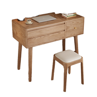 Bureau de toilette en chêne massif naturel avec miroir LED rabattable, chargeur USB, table de maquillage multifonctionnelle pour chambre et bureau