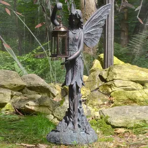 Fundação bronze fundação escultura de jardim, decoração ao ar livre metal artesanato fada com lanterna de escultura bronze antiga
