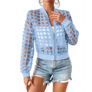 Custom <strong>Women</strong> See Through Mesh Plaid Zip <strong>Fly</strong> Lightweight Casual Sheer Bomber <strong>Jacket</strong> Transparent <strong>Jacket</strong> - Product Image 4