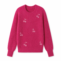 Pull en tricot brodé fuchsia pour femme, col rond, manches longues, fabricant sur mesure