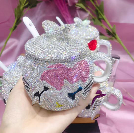 Милая керамическая кружка KT cat, яркая кофейная чашка со стразами, цветная чашка для напитков, бутылка Oem, дизайн клиента, рождественский подарок для семьи