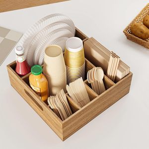 Organizador de cubiertos de madera con múltiples compartimentos y asas, caja de almacenamiento rectangular para picnic, fácil de transportar. - Product Image 2
