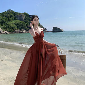 Robes longues sexy pour femmes, col halter, dos nu, froncées, taille haute, coupe trapèze, pour la plage et les vacances - Product Image 1