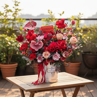 Coffret Saint-Valentin : Bouquet de fleurs fraîches en seau, deux roses rouges, noir, blanc, argent, style anglais, pour l'amour et les étreintes, vente en gros