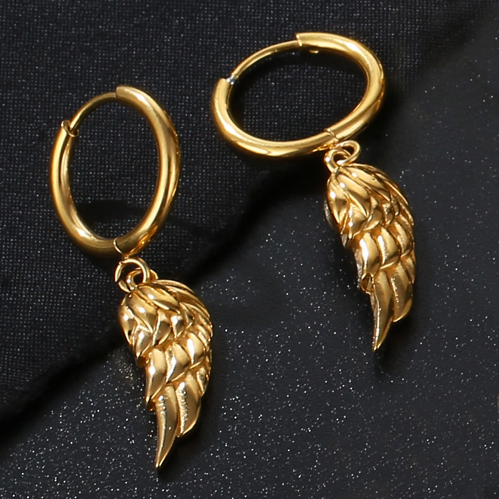 Tarnish free waterproof gold plated stainless steel angel wing earrings for jewelry making custom small round hoop earrings