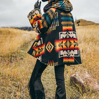 Poncho à capuche en mélange de laine pour femme, style aztèque, imprimé géométrique sud-ouest, avec franges, cape d'hiver, style bohème, cowgirl, vintage, vente en gros