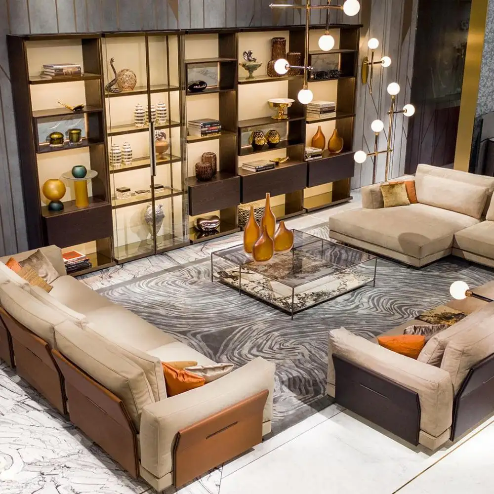 Italia Venta caliente sólido de madera sala de estar de cuero muebles de 3 plazas de lujo luz conjunto de sofá