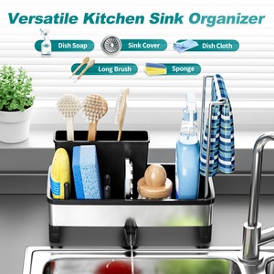 Support de rangement moderne pour évier de <span class=keywords><strong>cuisine</strong></span>, en acier inoxydable, anti-rouille, avec porte-éponge et porte-brosse simple, égouttoir - Product Image 4