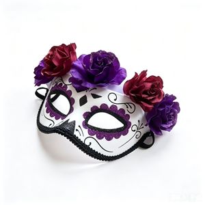 Masque gothique HLC rouge et violet avec roses, masques <span class=keywords><strong>de</strong></span> fête mexicains pour le carnaval du Dia <span class=keywords><strong>de</strong></span> Los Muertos, masque demi-visage tête <span class=keywords><strong>de</strong></span> mort en sucre pour le Jour des Morts - Product Image 5