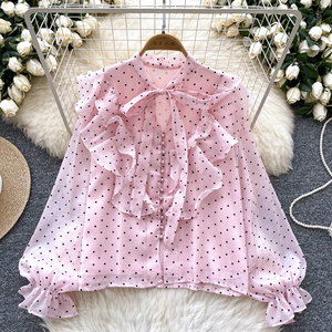 <span class=keywords><strong>Camicetta</strong></span> stile delicato farfallino autunnale da donna <span class=keywords><strong>con</strong></span> cuciture arruffate snellenti cuore in Chiffon - Product Image 2