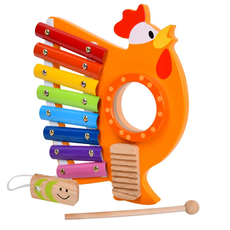 Xylophone-juguete musical de madera para niños, muñeco musical de madera con forma de gallo de dibujos animados, educativo