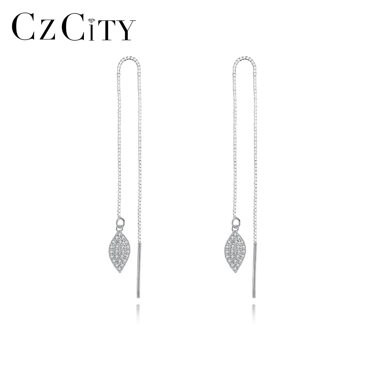 CZCITY Brillare Cubic Zirconia 925 Sterling Argento Nappa Infila Ciondola Gli Orecchini Orecchini A Catena Lunga Linea Orecchio per Le Donne