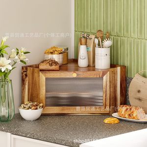 Wooden Bread Box <b>Corner</b> Kitchen Counter Storage Airtight Rectangle Wood Grain Color Lid Vegetable Fruit <b>Cabinet</b> - Product Image 1