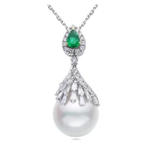 定制奢华珠宝18k金钻石祖母绿订婚珍珠吊坠顶级工艺