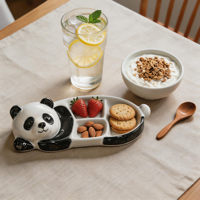 Plateau en céramique multi-compartiments en forme de panda couché, mignon et décoratif