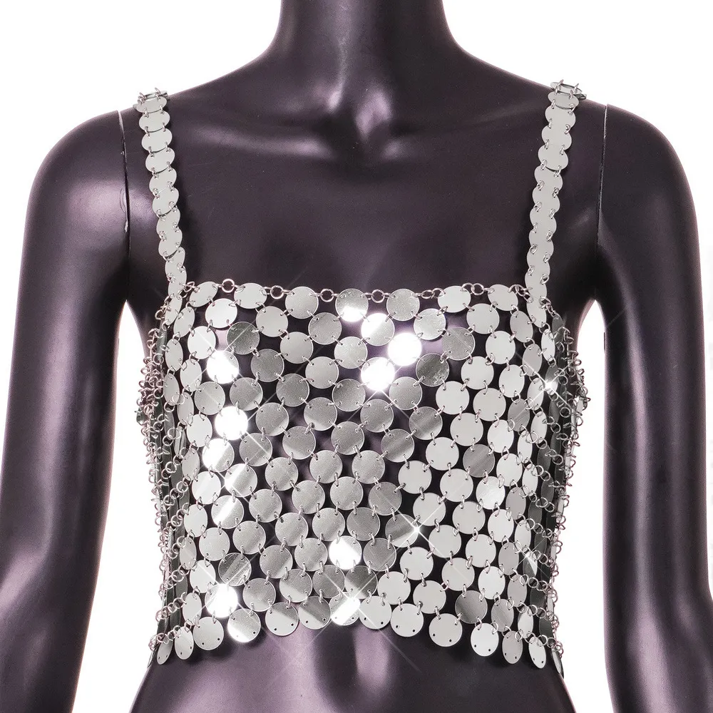 Explosive European and American foreign trade cross-border silver sequins small beaded halter sexy backless women tank top