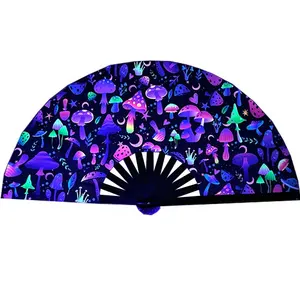 UV Glow Rave Folding Hand Fan with Bamboo Ribs for Men/Women - Large Clack Festival Fan