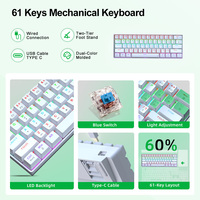 Clavier de jeu mécanique filaire OEM 61 touches avec rétroéclairage LED, câblage Type-C, disposition US 60%