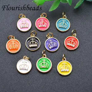 18K Gold Plated Rainbow Color Enamel crown round Shape Charms Pendants for DIY Jewelry