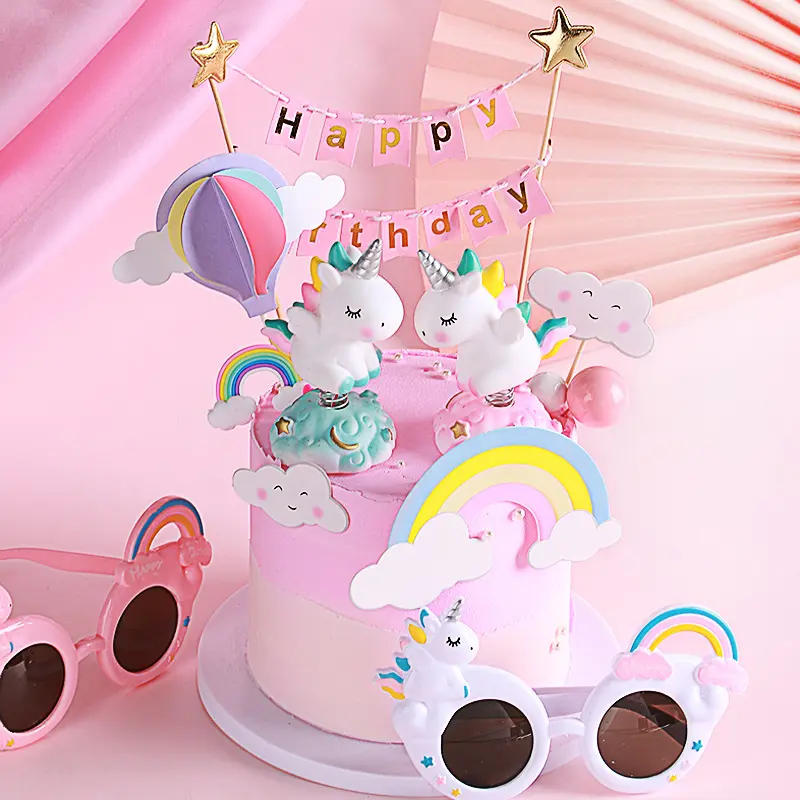 Unicorn Cake Topper Cloud Rainbow Balloon Happy Birthday Banner Windmill Baking Cupcake Decoration For Boy Girl Kid Birthday