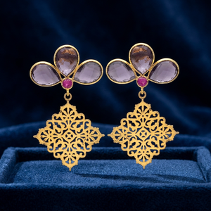 Nouveauté : Boucles d'oreilles pendantes en argent sterling 925 avec pierres précieuses en améthyste rose CZ, forme poire, plaquées rhodium et or, design unisexe tendance - Product Image 3