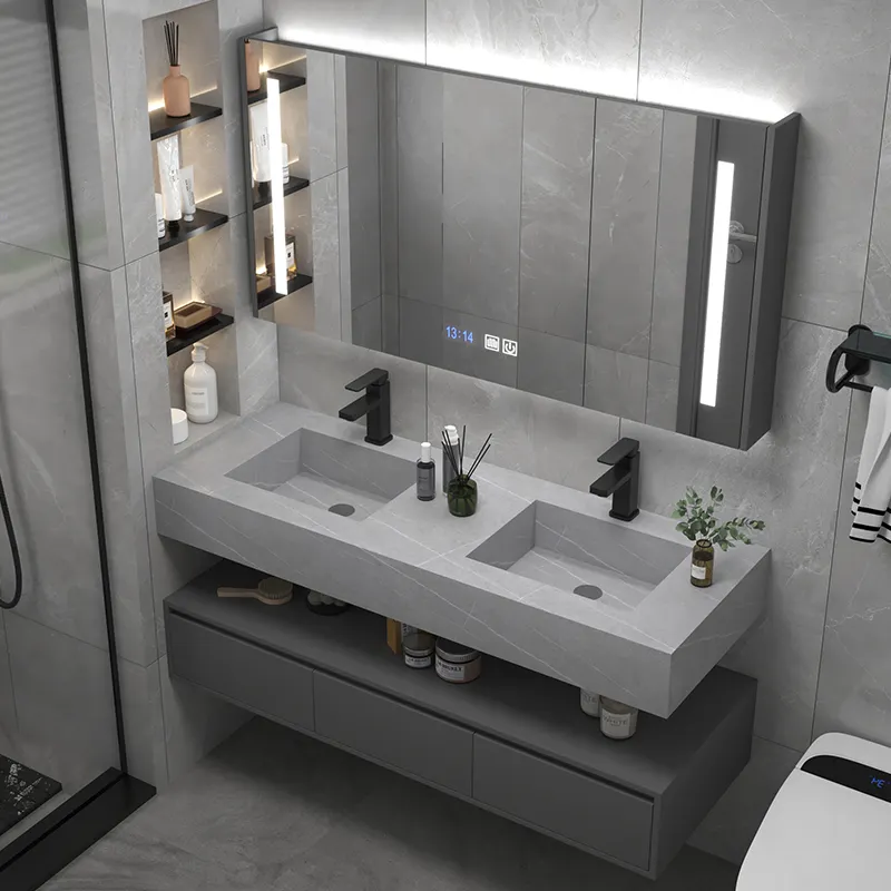Armário de banheiro em mármore branco para pia dupla moderna flutuante, banheiro em madeira maciça com espelho