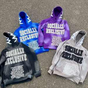 Yingling recadrée sweat à capuche lourd 400 Gsm Vintage en détresse broderie Patch Applique ourlet brut acide pierre lavé sweats à capuche hommes - Product Image 3