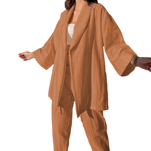 Vêtements personnalisés, chemisier pour femmes, crêpe de coton ivoire, manches longues, chemises et pantalons oversize, vêtements de mode pour ensembles de pyjamas - Product Image 3