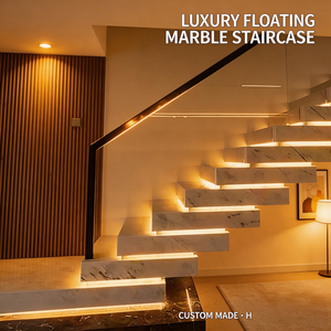 Offre Chaude : <span class=keywords><strong>Escalier</strong></span> Droit Suspendu avec Marches en Marbre et <span class=keywords><strong>Garde</strong></span>-<span class=keywords><strong>Corps</strong></span> en Verre Sans Cadre avec Plaque de Base, <span class=keywords><strong>Escalier</strong></span> <span class=keywords><strong>Flottant</strong></span> en Marbre - Product Image 3