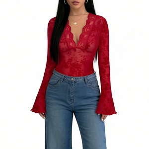 Body en velours floral à col en V pour femme - Haut transparent à manches en dentelle tendance - Product Image 5