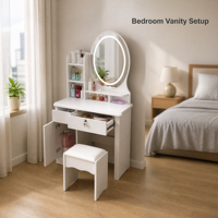 Coiffeuse moderne blanche avec miroir ovale éclairé, étagère latérale et tiroirs de rangement – Écologique pour appartement, chambre et salon