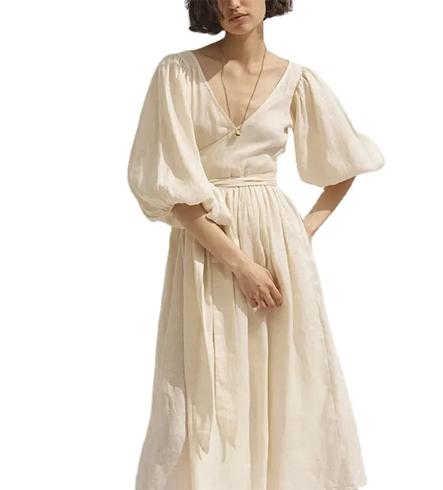 Yüksek kaliteli kadın moda yüksek bel derin v yaka yarım kollu bandaj rahat elbise fener kollu uzun pamuk keten elbise
