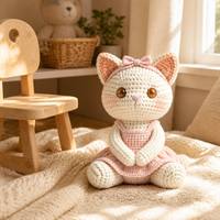 Peluche chat style crochet, adorable chaton en peluche avec bandeau et robe, jouet en peluche doux à l'aspect tricoté, figurine animale chat