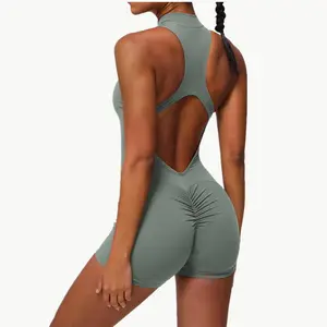 2024 Summer Women's Sexy ZIP Up Active Stretchy Yoga Shorts Hot Hollow Out Jump Suit Solid Style Adult Sets
