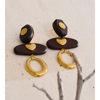 Boucles d'Oreilles Pendante Cœur Plaquées Or en Acier Inoxydable et Bois Marron, Bijoux Tendance JINYOU 2804, Vente Chaude