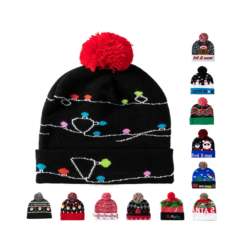 Christmas Hats Sweater Santa Elk Knitted Beanie Hat With LED Light Up Cartoon Pattern Christmas Gift For Kids New Year Supplies