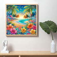 Kit de Peinture Diamant Partiel 30x30cm, Motif Plage Tropicale et Fleurs de Palmier, Artisanat DIY en Strass de Cristal pour Décoration Murale Domestique