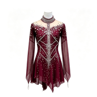 Robe de patinage artistique bordeaux à strass, col montant, dos évidé, manches longues, en maille, pour compétition de patinage sur glace, personnalisable