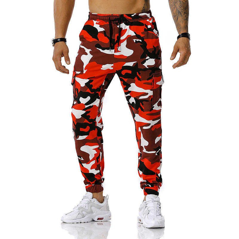 Calça cargo camuflada masculina, calça jogger vermelha multi