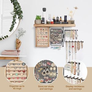 Étagère murale en bois pour organiser les bijoux, avec support pour bagues, boucles d'oreilles et présentoir pour colliers, pour chambre ou dressing. - Product Image 1