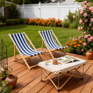 Chaise longue pliante Populus Wood Sling Chair à rayures bleues, 2 pièces, mobilier de jardin extérieur - Product Image 1