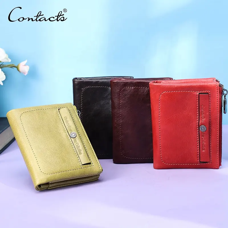 Double Zipper Pocket Small Purse RFID Womens Credit Card Holder 8 Slots Bifold Wallet Full Grain Leather Cash Coin Wallet