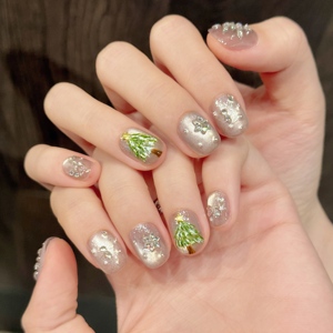 Diseño #3088 corto redondo Navidad tres <span class=keywords><strong>uñas</strong></span> arte hecho a mano 3D diamantes de imitación brillo 10 piezas Prensa en <span class=keywords><strong>uñas</strong></span> conjunto para niñas - Product Image 2
