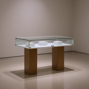 Vitrine moderne avec cadre en aluminium blanc, verre trempé, largeur 120 cm, portes verrouillables, piédestaux en bois - Product Image 3