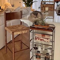 Tabouret de bar haut vintage en bois de hêtre de style mid-century avec dossier arqué, chaise de salle à manger Wabi-sabi, chaise d'îlot tressée en corde pour café et restaurant