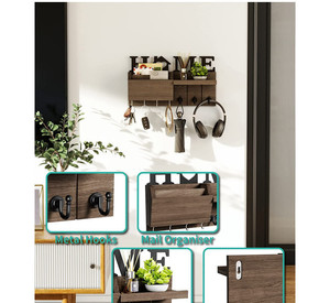Entrada de madera Pasillo Sala de estar Llavero Decoración Organizador de llaves Estante Correo y colgador de llaves con gancho y sombrero Perchero - Product Image 6
