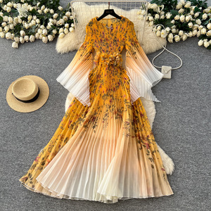 Robe élégante de style <span class=keywords><strong>russe</strong></span> traditionnel à manches trompette, imprimé floral, en polyester, taille cintrée, manches chauve-souris plissées, grande taille - Product Image 6