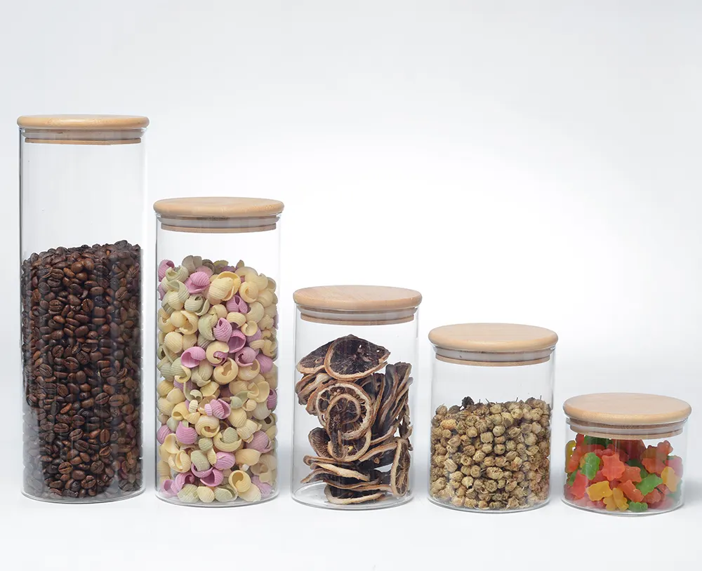 Boca ancha redonda hermética cocina té vidrio contenedor de almacenamiento de alimentos tarro de vidrio de borosilicato con tapa de Bambú